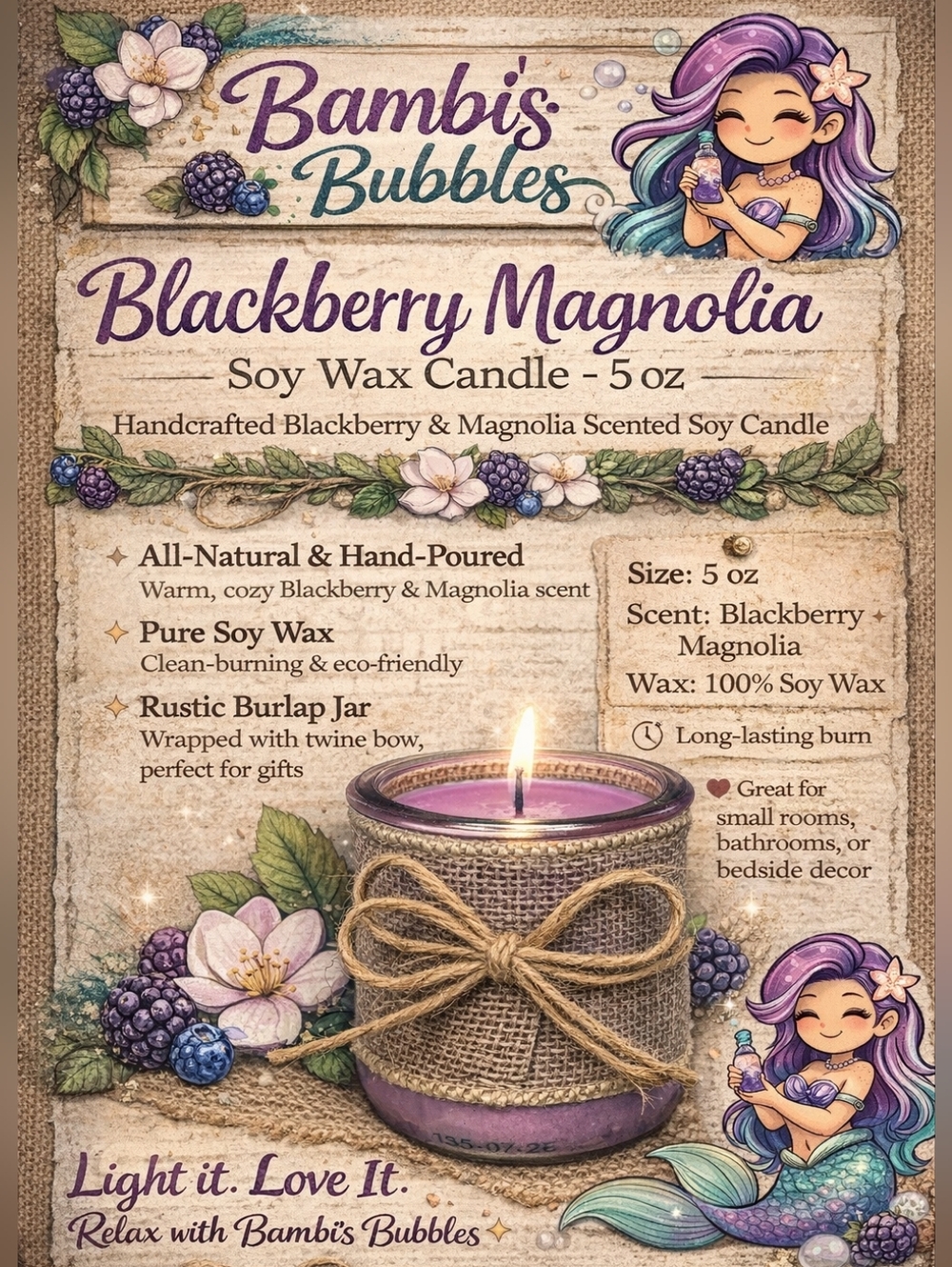 Limited Supply Hand Crafted Blackberry Magnolia Soy Wax 5oz Candle